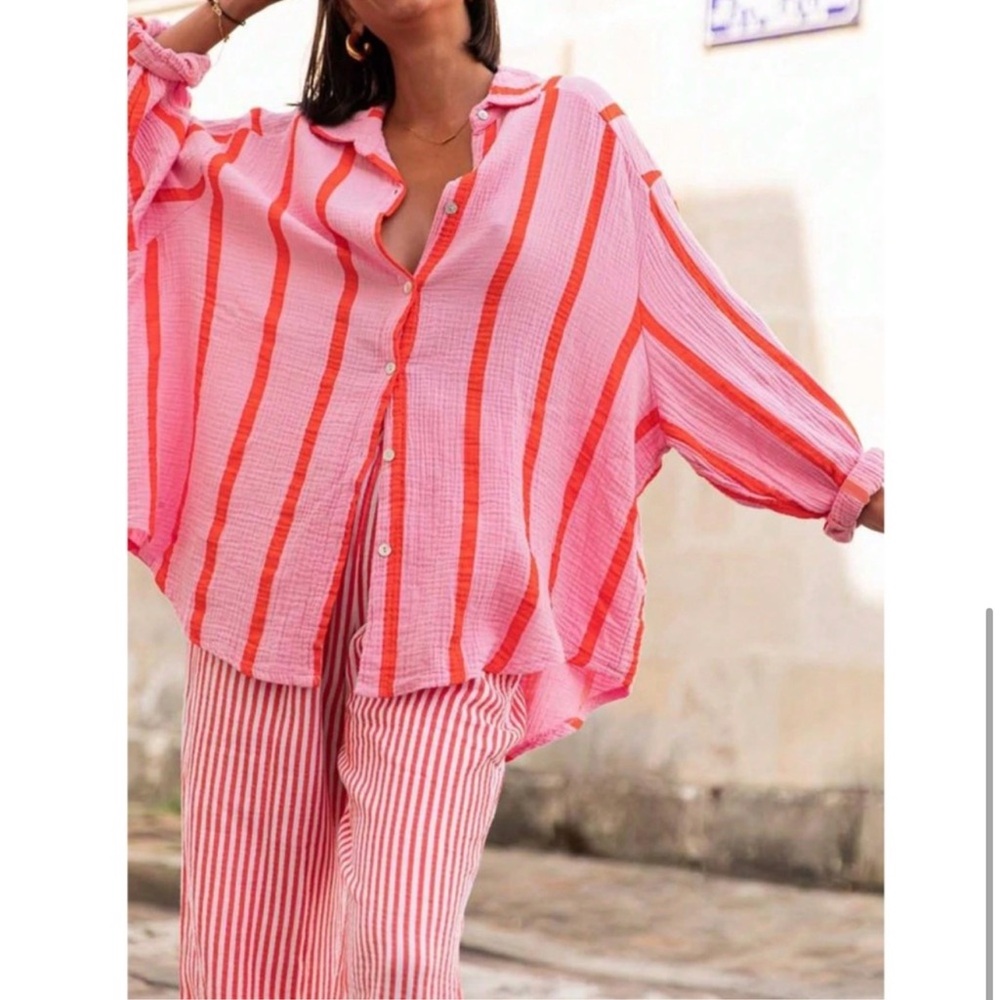 Pink Striped Oversized Button Down Shirt Long Sleeve - Picture 6 of 7